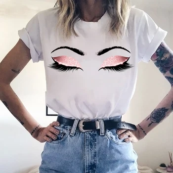 2022 Mulheres T-Shirt Princesa Maquiagem Arte-de-Rosa Cílios de Impressão Superior do sexo Feminino T-shirt de Verão Harajuku Streetwear Manga Curta Roupas