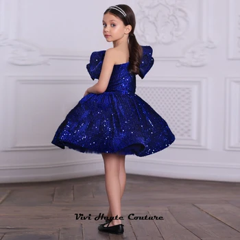 Encantador de Volta Zipper Sequin Azul Royal Meninas Concurso Vestido de Crianças de Um Ombro só com Babados 2023 de Inverno, Vestido de Natal فساتين اطفا