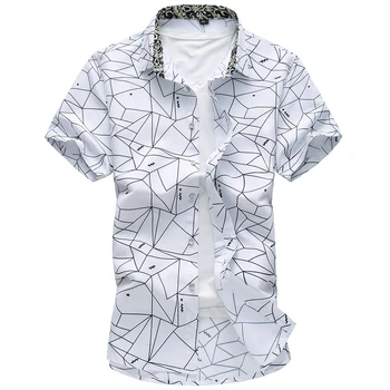 Verão Homens Geométricas, Xadrez impresso de férias Havaiano camisas de manga Curta camisa masculina masculina da Marca camisa casual 5XL 6XL 7XL