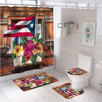 Bandeira nacional Impermeável Cortina de Banho Impressão 3D Tapete de casa de Banho Conjunto de Poliéster Wc Tapete Eco-Friendly Anti-derrapante Tapete Para Banho Tampa