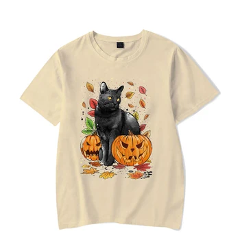 Moda Gato Folhas e Abóboras Impresso T-Shirt Mulher Y2k Tops de Verão de Manga Curta O Colar de Camisetas Kawaii Gato Feminina T-shirt
