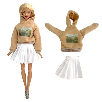 NK 1 Pcs Roupas Para 1/6 Doll, Camisola Branca, Saia Plissada Hoodies Para a Boneca Barbie com Roupas De 11,5