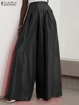 ZANZEA Moda Streetwear Calças compridas Causal Solta Mulheres de Calças de 2022 Outono de Cintura Alta Pantalon Pocketless Plissado Grande Perna de Calça
